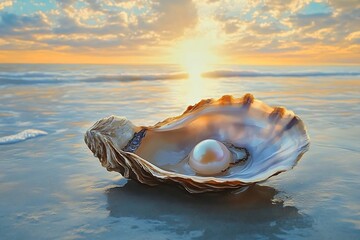 Coastal sunset reveals an oyster with a lustrous pearl on a sandy beach ,Pearl in oyster shell