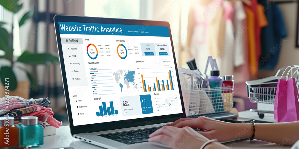 Poster computer software for website traffic analytics data on computer screen. concept of seo search engin