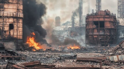 Devastated Urban Industrial Area with Flames and Smoke Rising