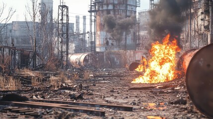 Urban Devastation in Industrial Area with Fire and Smoke