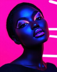 A striking portrait of a model with vibrant makeup against a neon pink background, showcasing bold colors and artistic expression.