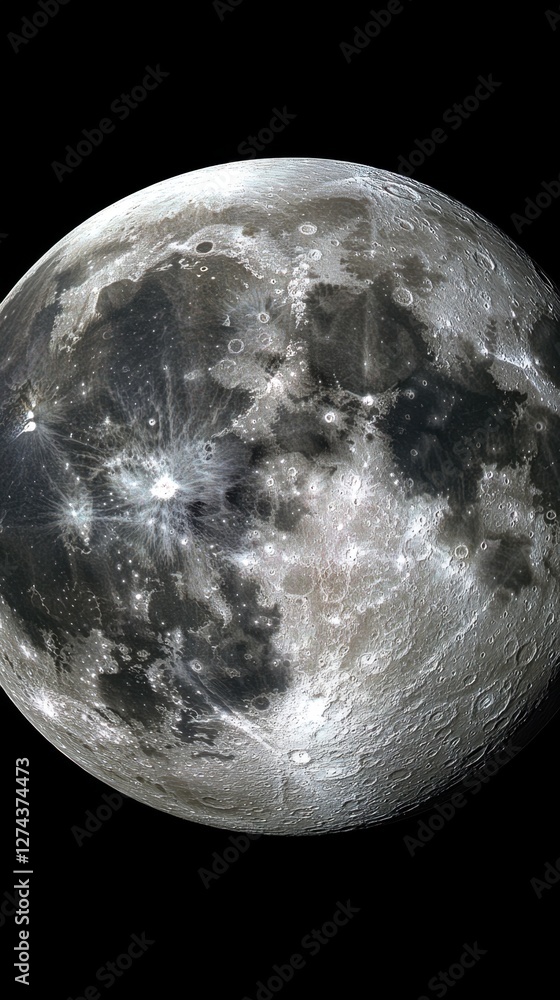 Poster detailed view of lunar surface with craters and shadows creating a dramatic celestial sphere in spac