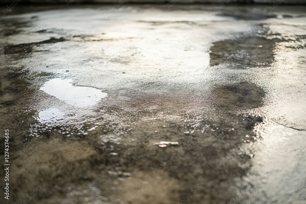 Poster reflective surface on a concrete floor with water puddles creating a moody and atmospheric visual te