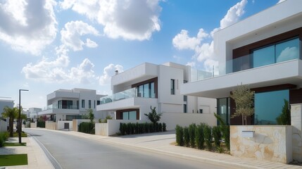 Modern residential neighborhood with contemporary houses, clear blue sky, and landscaped streets ideal for real estate and architectural designs.