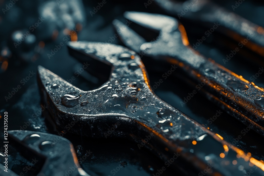 Poster close-up view of various wrenches resting on a surface, showcasing droplets of water and emphasizing