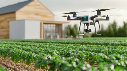 A drone hovers over a vibrant green field, with a modern farmhouse in the background, showcasing agricultural technology in action.