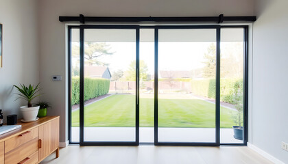 Modern sliding glass doors opening to a lush green garden, symbolizing seamless indoor-outdoor living, home luxury, and a connection to nature.