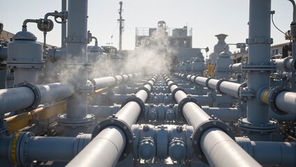 Industrial gas pipeline compression station with metallic components electrical systems and steam clouds