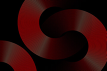 Abstract red glowing geometric lines on black background. Modern gold diagonal rounded lines pattern. Horizontal banner template. Vector illustration.
