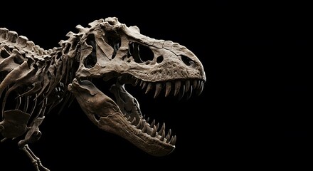 Tyrannosaurus Rex Fossil Skeleton Close Up Against Dark Background Display