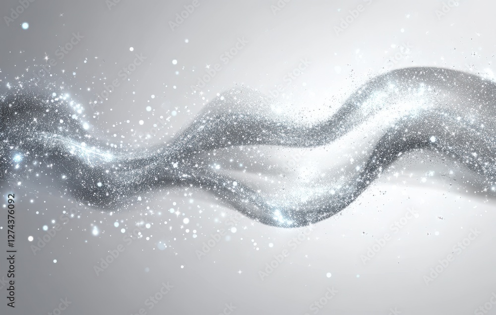 Poster Elegant silver wave background with sparkling particles creating a sense of movement and lightness, perfect for artistic and modern design projects