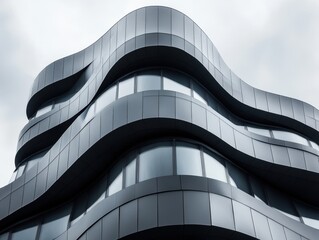 Modern architectural marvel showcasing a unique wavy design with sleek gray panels and reflective windows against a cloudy sky