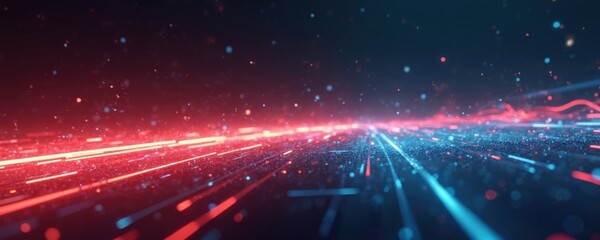 Illustration of future tech background with light effects in cyberpunk style. Red, blue glowing neon lines, dots, particles. Modern hi-tech pattern. Sci-fi futuristic wallpaper material with tech