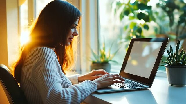 A young woman sitting at her desk, using her laptop for an online conference call. The blank screen allows room for showcasing any type of digital content like web conferencing too