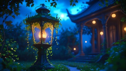 A 3D-rendered scene of an old, mystical garden lantern standing tall but unlit