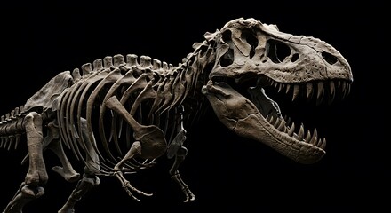 Naklejka premium Tyrannosaurus Rex Skeleton Displayed on a Black Background Museum Exhibit