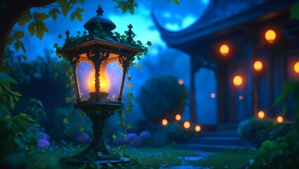 A 3D-rendered scene of an old, mystical garden lantern standing tall but unlit