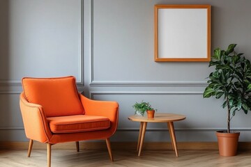 Stylish interior scene featuring an orange armchair with a wooden table and plant against a gray wall background in a cozy room