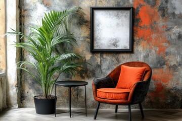 Fototapeta premium Interior design featuring orange armchair palm plant and blank frame against textured wall creating a stylish and inviting space with modern aesthetic
