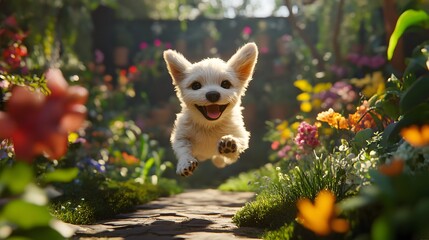 A playful puppy running through a garden