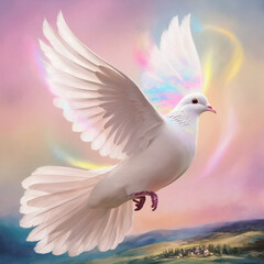 Fototapeta premium A mesmerizing painting of a radiant white dove, glowing with a soft,
