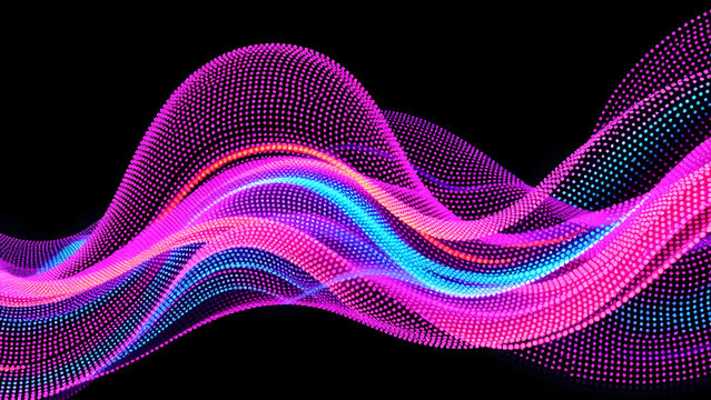 Vibrant abstract wave design with pink and blue lines on black background, symbolizing futuristic technology, digital innovation, and creative flow.
