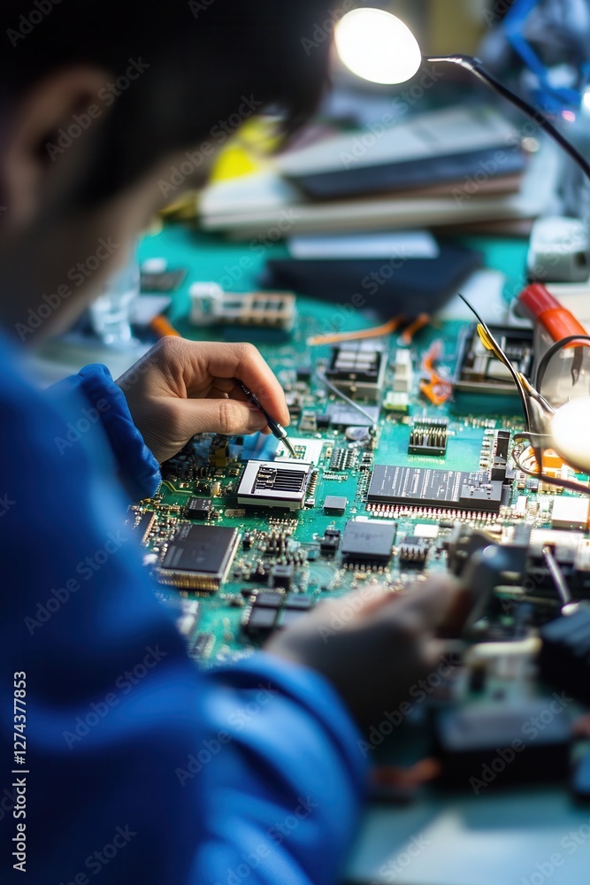 Poster person repairing circuit board with tools on a workbench in technology workshop, focused on electron