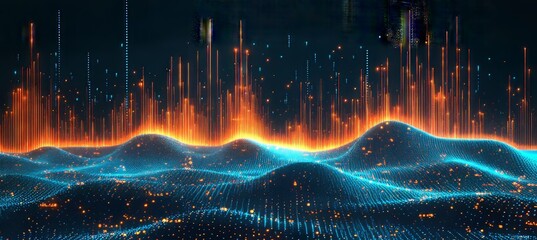 Abstract Waveform of Trading Data on a Dark Background, With Vibrant Blues, Oranges, and Yellows