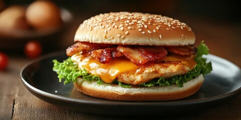 Mouthwatering chicken burger with bacon and cheese served on a wooden table