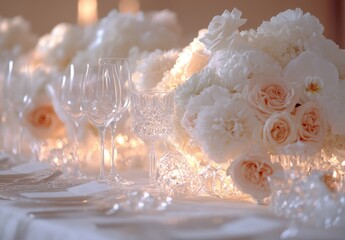 Elegant wedding table setting adorned with white and peach floral arrangements, sparkling glassware, and soft warm lighting for a romantic atmosphere