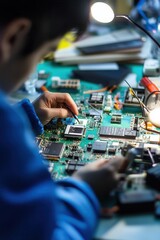 Obraz premium Person repairing circuit board with tools on a workbench in technology workshop, focused on electronics assembly and troubleshooting process
