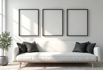 Three blank picture frame mockups above sofa on wall. Artwork templates in interior design. Modern living room in scandinavian style with couch, plant, pillows on wooden floor.