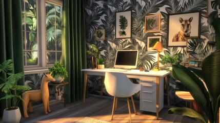 Sunlit home office, tropical decor, plants, morning