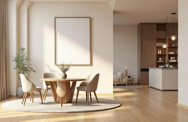 Fototapeta premium Illustration of light apartment interior with decor. Round wooden table and chairs in relax zone with mockup blank frame, plant. Stylish modern apartment design with hardwood floor and beige walls.