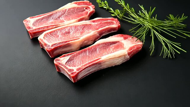 A minimalistic and refined image of raw lamb chops and fresh mutton ribs, delicately placed on a matte black surface with a subtle sheen. The deep red hues of the meat contrast bea