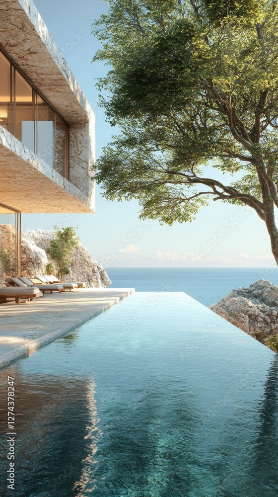 Poster serene infinity pool overlooking the ocean with modern stone architecture and lush tree in a tranqui