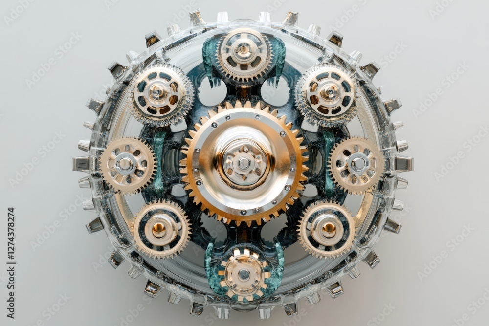Poster intricate clockwork mechanism, gears interlocked in a transparent casing, showcasing precision engin