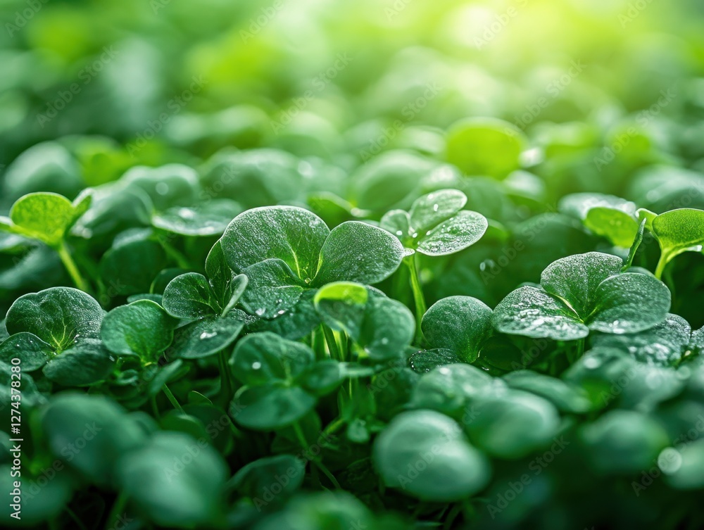 Poster lush green clover field bathed in soft sunlight creating a serene and vibrant natural scene with a s