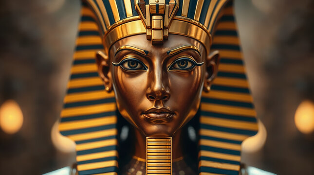 Amunra golden statue. Beautiful monument of Egyptian god Amun-Ra made of gold