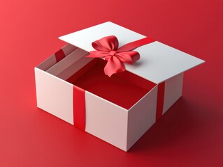 Elegant white gift box with red ribbon and bow on a vibrant red background, perfect for holiday and special occasion celebrations, showcasing surprise and joy