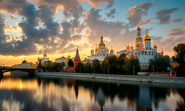 Moscow's Kremlin panoramic view at sunset, medieval fortress and tsar residence 