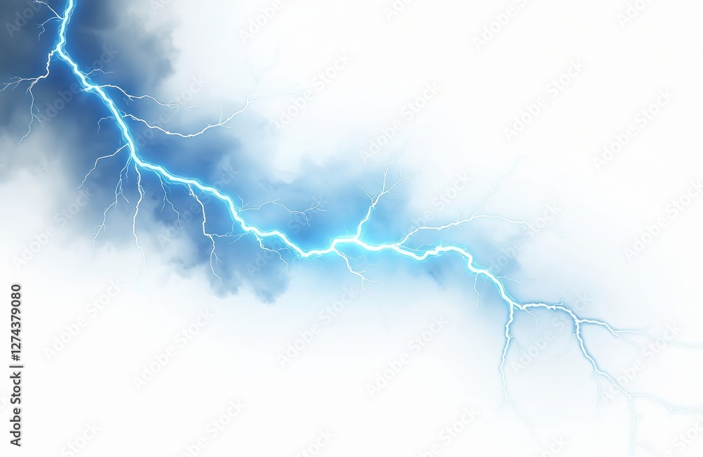 Poster Blue lightning strike illustration against cloudy sky. PNG image with transparent background for digital compositing. Thunderstorm element for weather effects fantasy concepts. Dynamic, electric