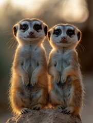 Fototapeta premium Two adorable meerkats standing side by side in the warm golden light of dawn creating a charming scene of wildlife
