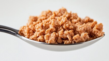 Close-up of a spoonful of textured ground meat against a neutral background, showcasing its details