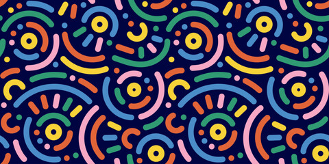 Memphis geometric seamless pattern. Abstract modern background with circles, curves, short rounded lines and dots. Fun kid doodle design element for cover, poster, banner, label, textile, wrapping	