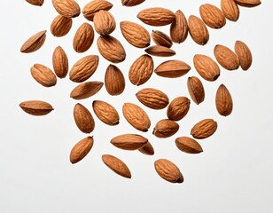 Cluster of Whole and Halved Almonds, Suspended Mid-Air, Bright White Background, Light Brown Shades, Varying Textures, Creamy Off-White Interior, Random Aesthetic Arrangement. Ai generated image.