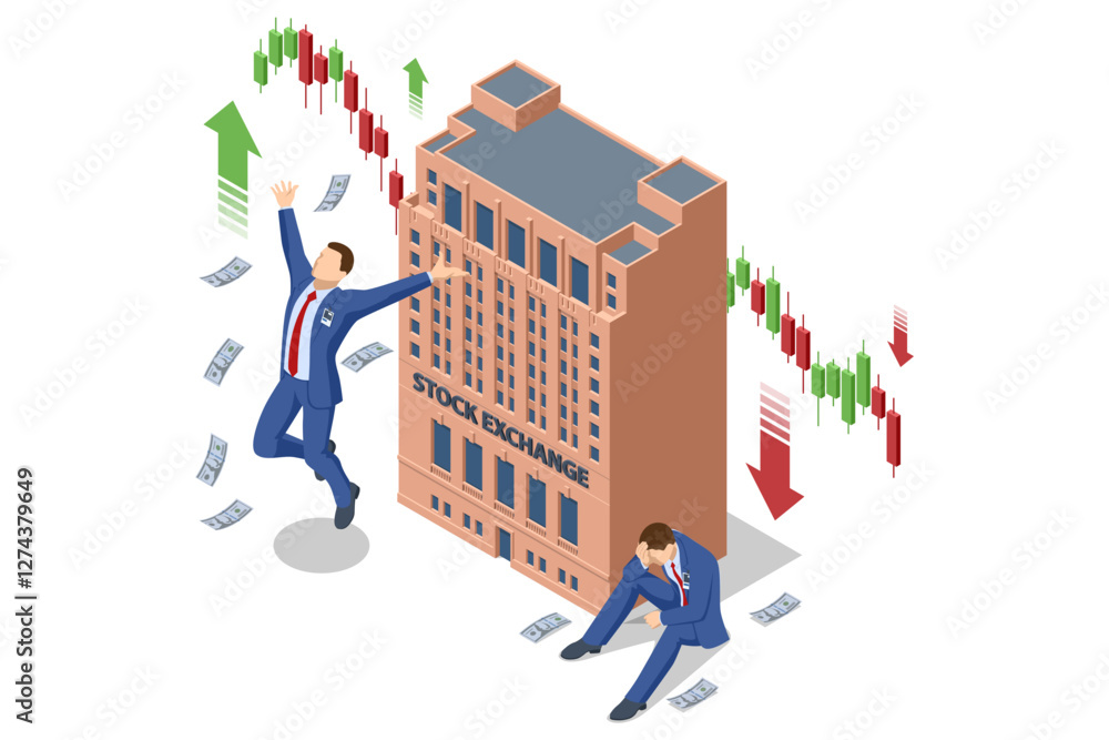 Poster isometric vector of a stock exchange building with a bullish and bearish trader reacting to market f