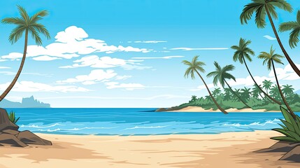 Fototapeta premium Composition of a tropical beach with palm trees, blue ocean, and sandy shore.