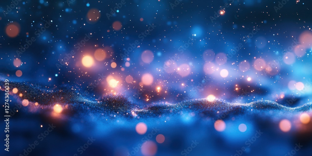 Poster ethereal blue background with glowing bokeh effects and sparkling lights for abstract designs and di