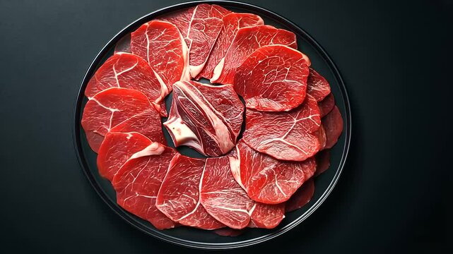 A close-up shot of thick ossobuco beef slices arranged in a circular pattern on a cold metal tray. The juicy red meat, visible connective tissue, and central bone give a rich, mout